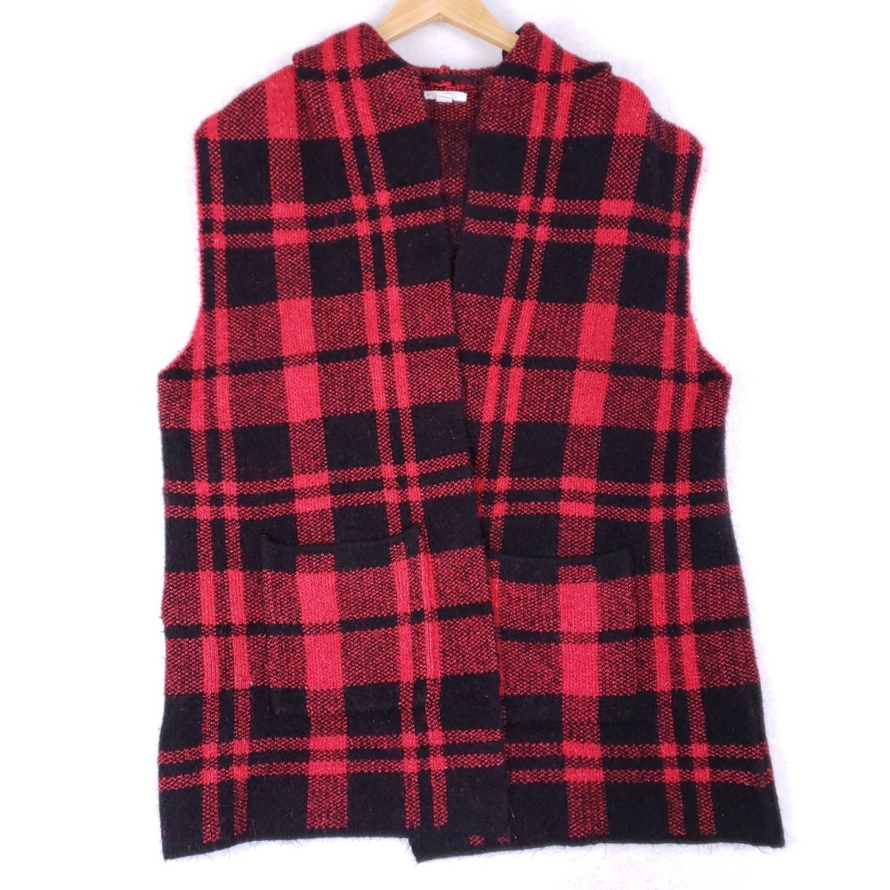 EST 1946 Hooded Plaid Vest XL Red Black Buffalo Check Knit‎ Open Front Cozy
